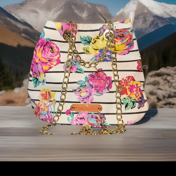 Betsey Johnson Handbags - Betsey Johnson Cream Floral & Black-Striped Shoulder Bag with Gold Chain